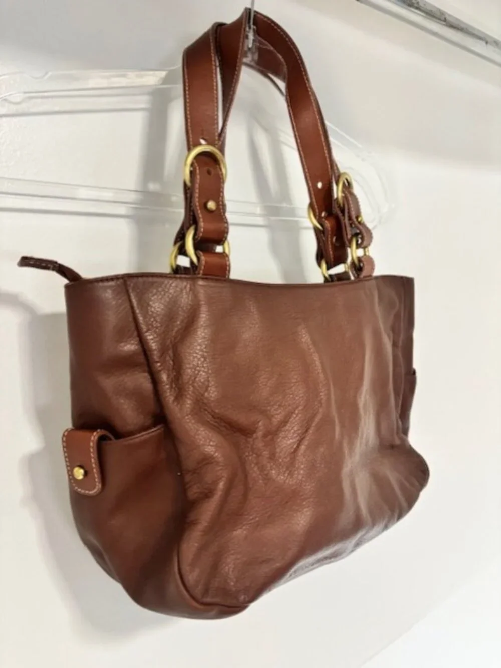Lauren Ralph Lauren Brown Pebbled Leather Tote Shoulder Bag Brass Hardware